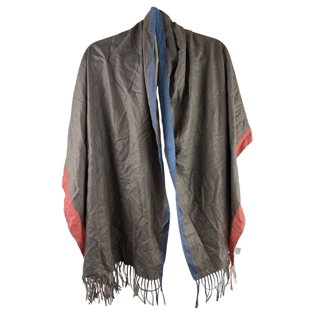 2CHIC Oversized Blanket Scarf Wrap Colorblock Grey Blue Red Fringe Cozy Academia